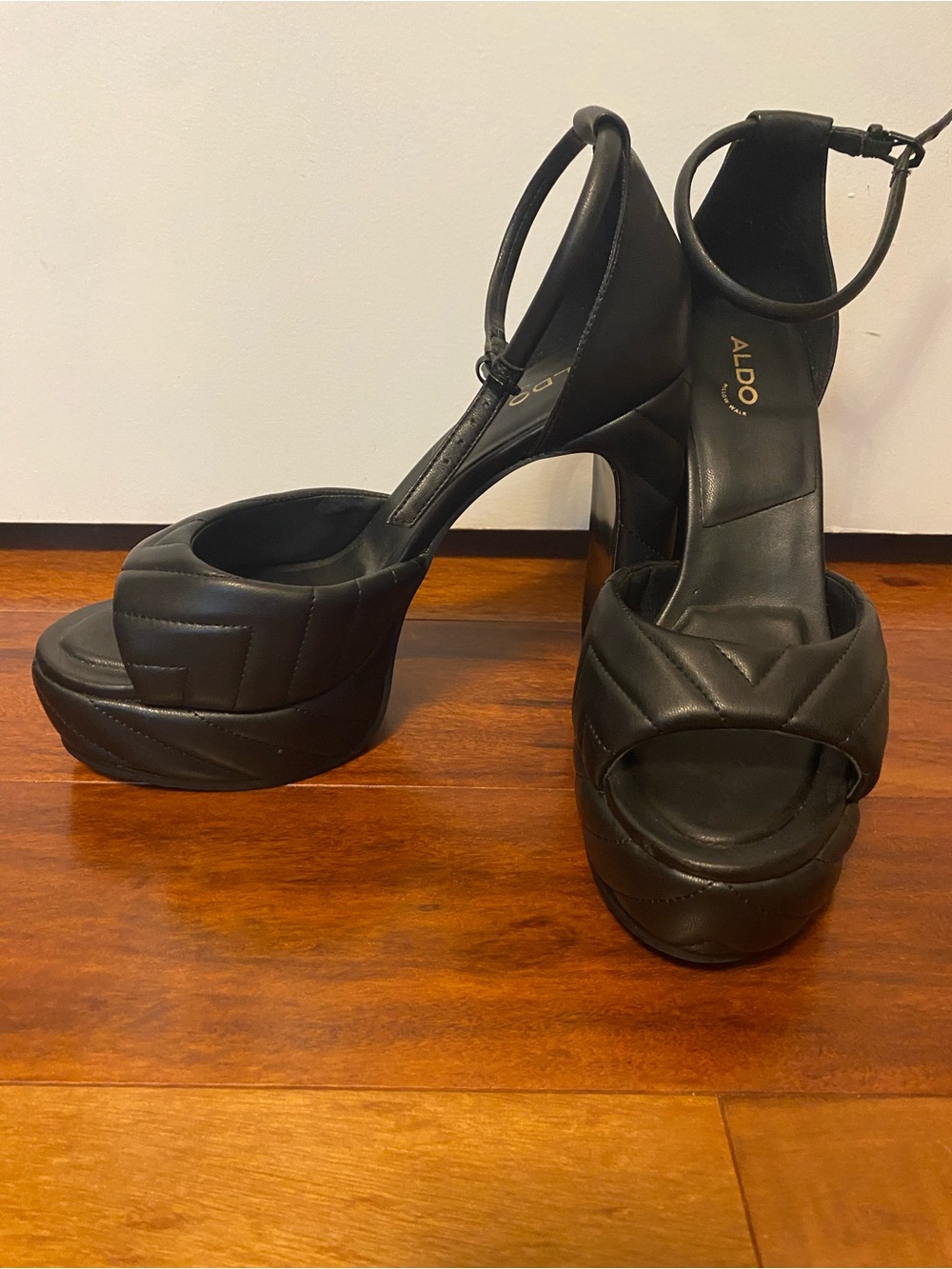 ALDO Black Quilted Platform Heels with Ankle Strap